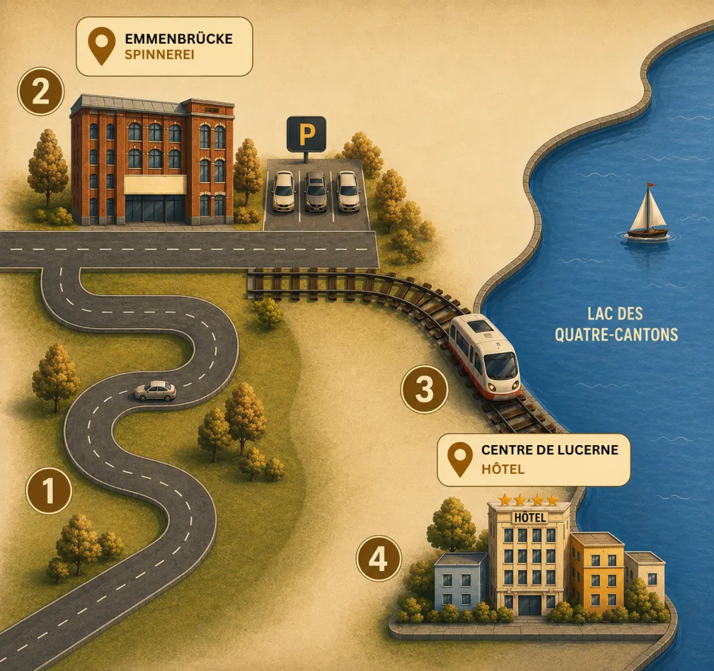 Carte d’ensemble : accès en voiture, la Spinnerei à Emmenbrücke, le parking, la ligne ferroviaire vers Lucerne et les hôtels en ville.